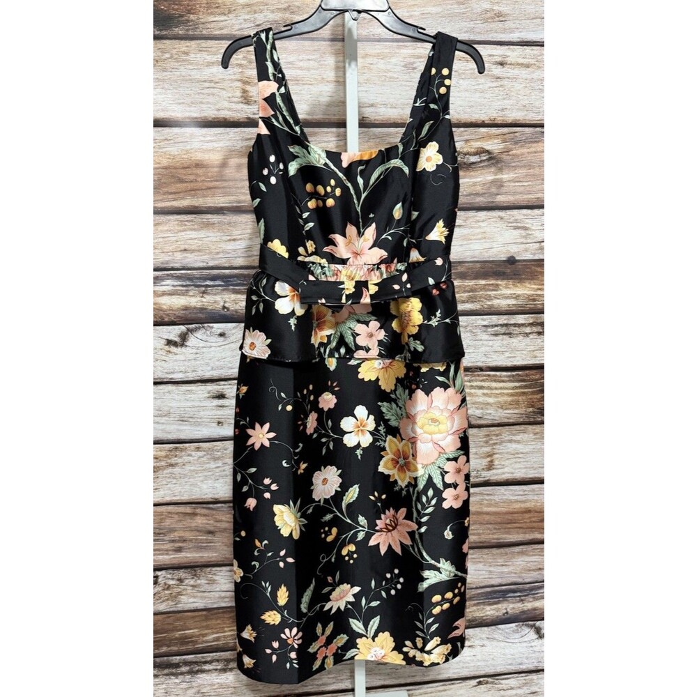 Tuckernuck Women’s Size 6 Black Floral Peplum Sheath Dress Sleeveless Belted
